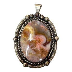 2.5" Crazy Lace Agate Stone Pendant Native American Silver Rope LARGE Old Pawn